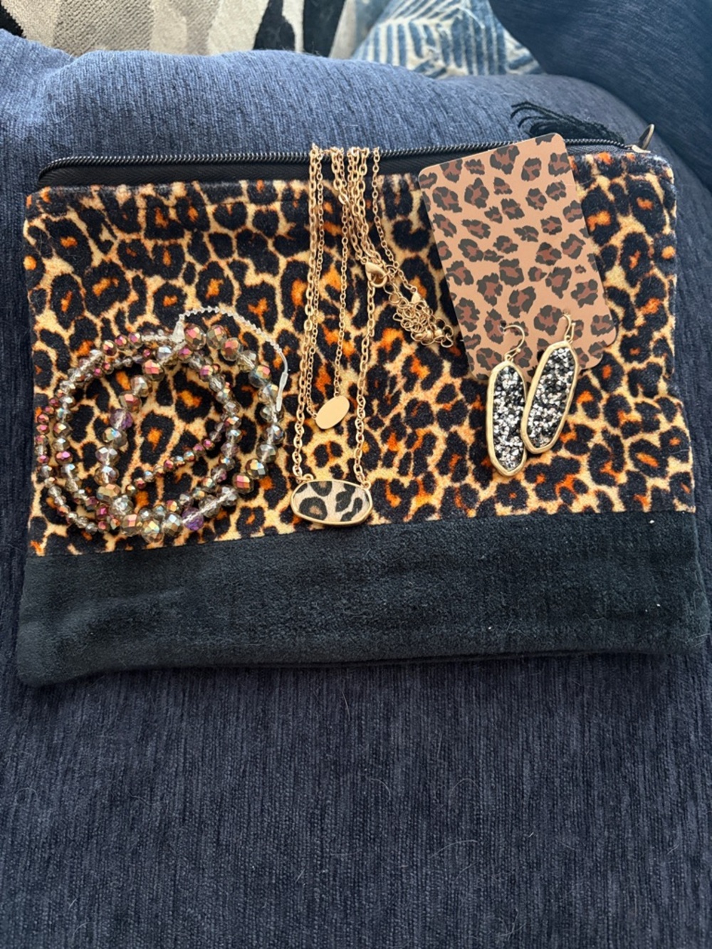 Leopard Print velvet Zip bag- with bracelets, necklaces and a set of earrings!